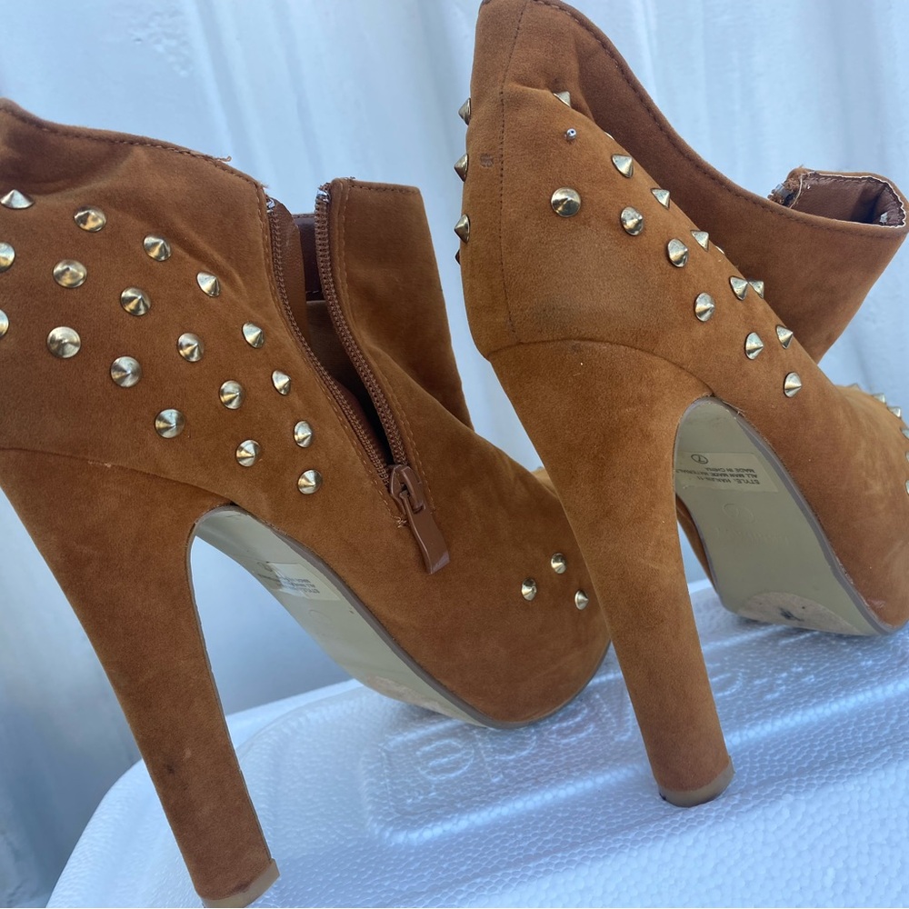 Studded Tan Suede High Heel Ankle Boots - Women